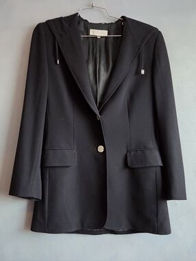 ESCADA, VINTAGE NAVY BLUE HOODED BLAZER IN 100% NEW WOOL, SIZE 36